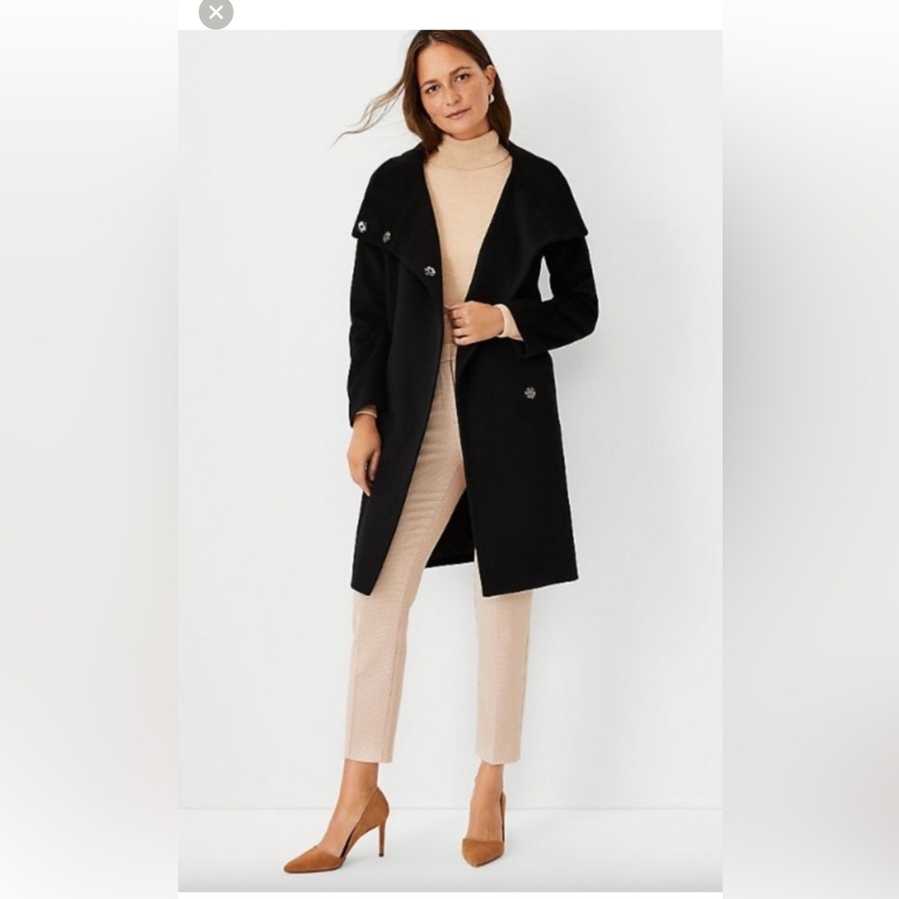 Ann Taylor Wool Blend Belted Funnel Neck Coat Black Size Small
